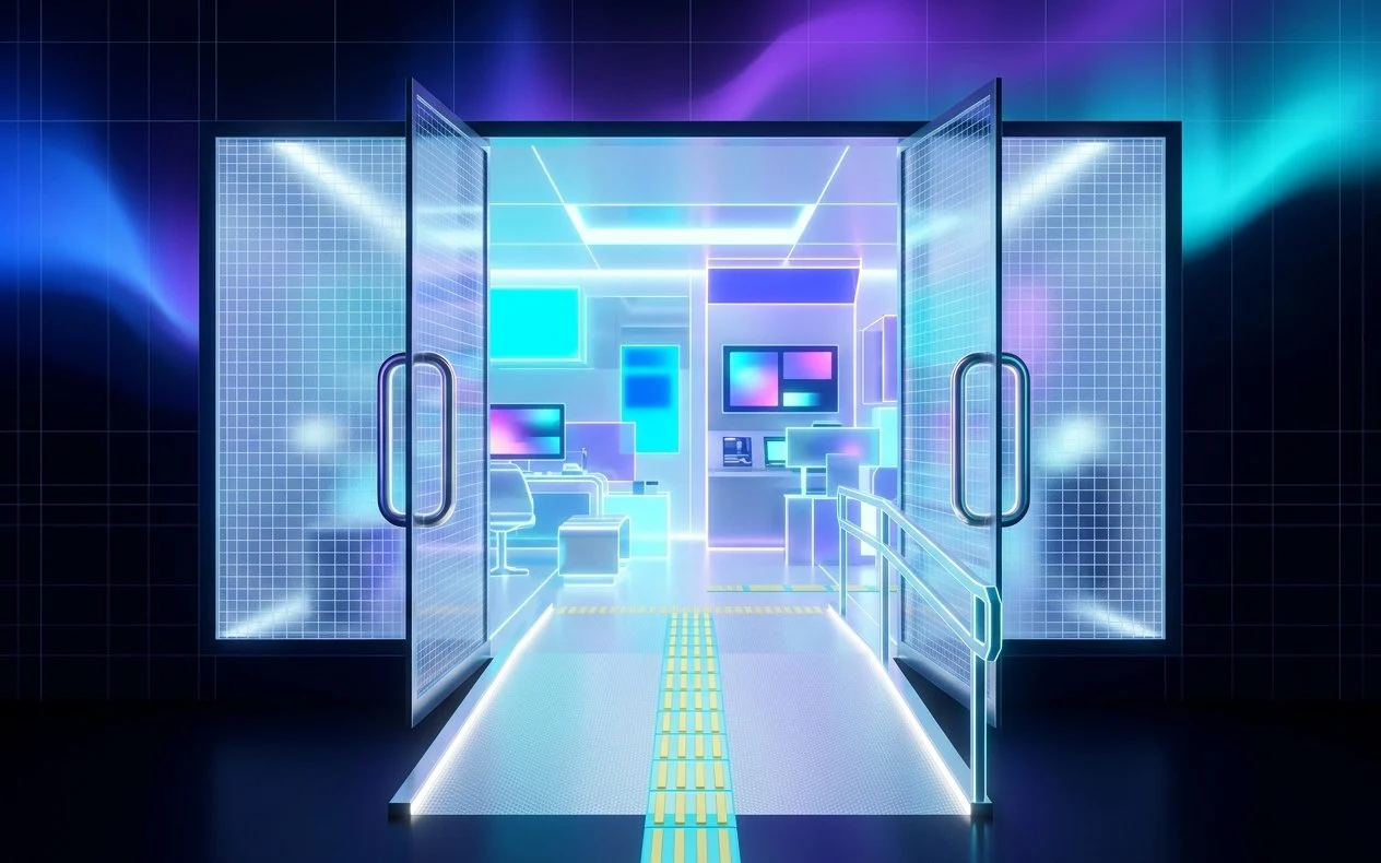 Une grande porte vitrée grande ouverte sur une pièce lumineuse, avec une rampe douce, une bande de guidage au sol et de larges poignées arrondies
