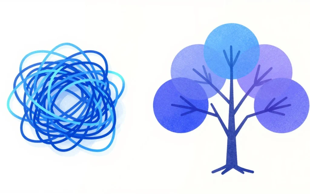À gauche, une pelote de fils emmêlés ; à droite, des fils rangés en forme d’arbre, avec un tronc et quelques branches