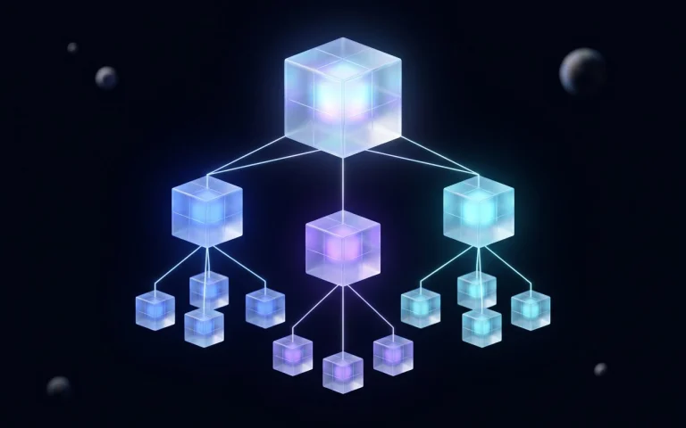 Un grand cube de verre lumineux relié par des fils de lumière à trois cubes plus petits, chacun ramifié en petits cubes