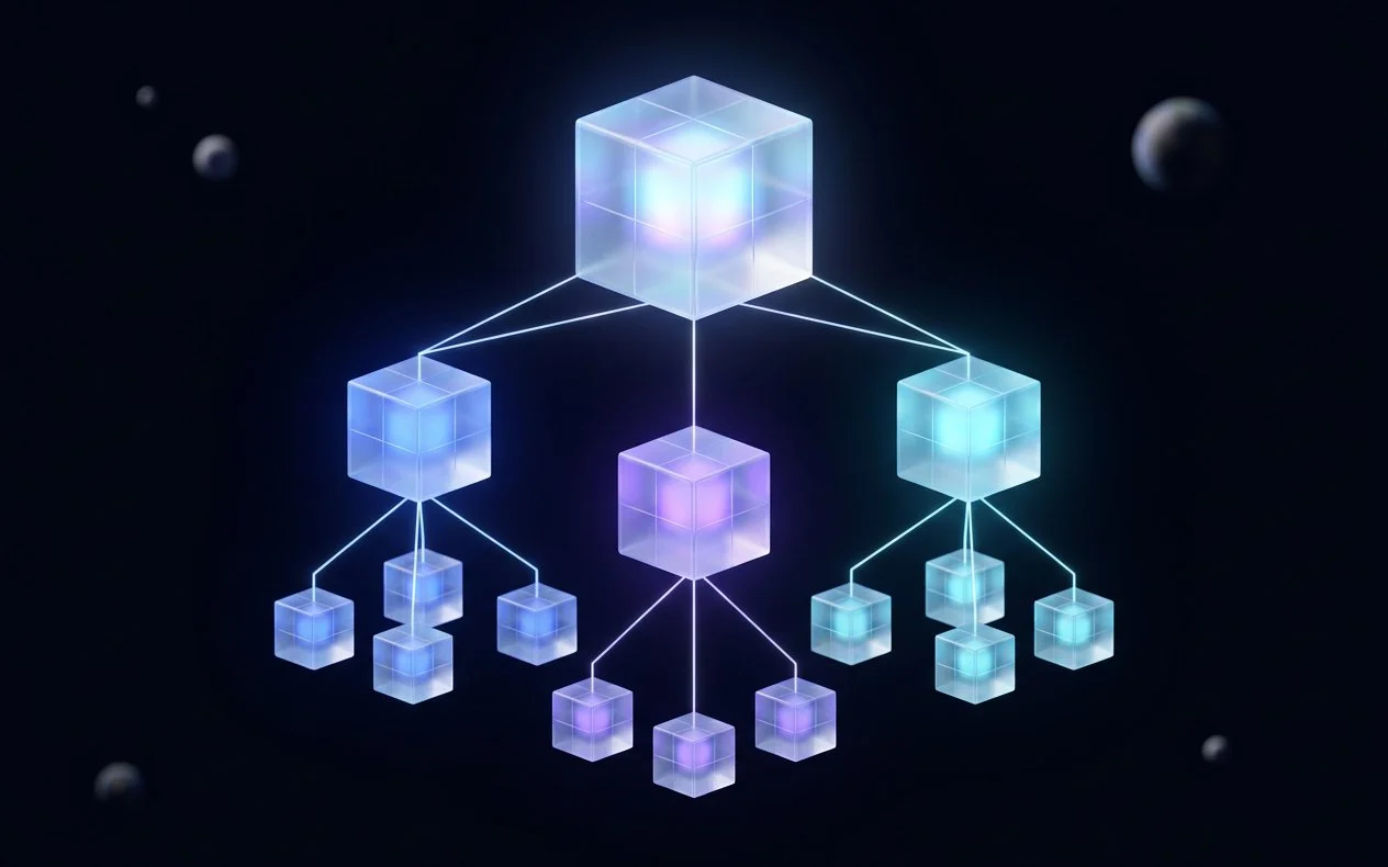 Un grand cube de verre lumineux relié par des fils de lumière à trois cubes plus petits, chacun ramifié en petits cubes