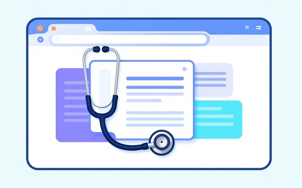 Un stéthoscope posé sur une fenêtre de navigateur stylisée, faite de rectangles et de lignes