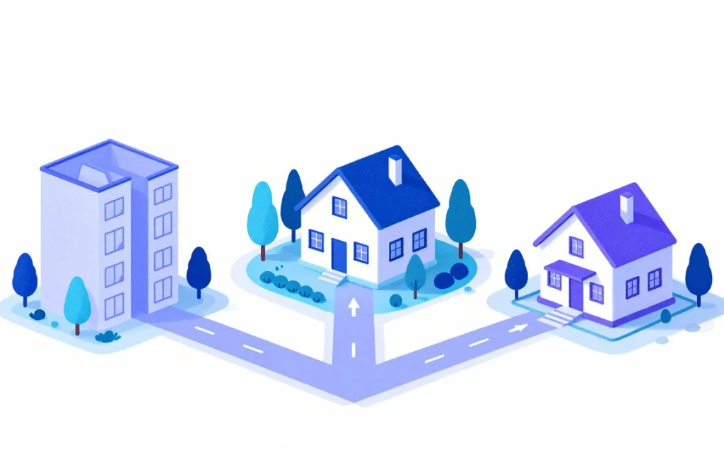 Trois chemins qui partent d’un même carrefour vers un immeuble, une maison avec jardin et une maison dessinée sur plan