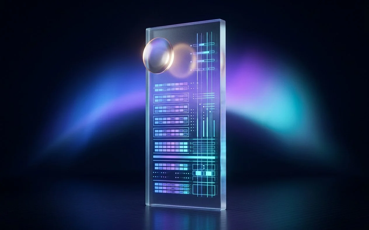 Un panneau de verre dressé sur fond nuit, dont les couches de blocs et de lignes sont bien ordonnées, avec une lentille de lumière devant lui