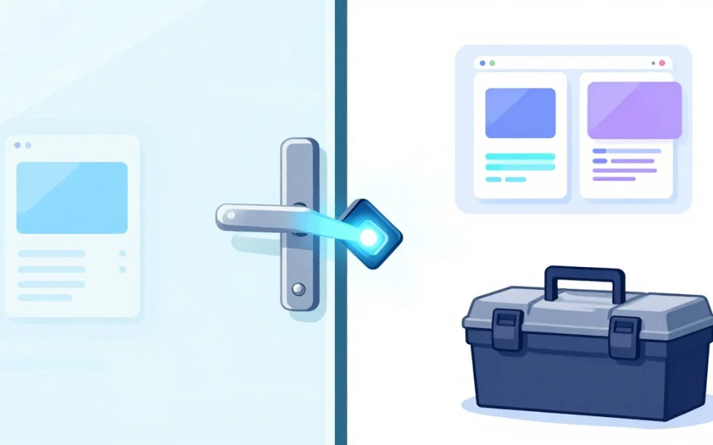 Une porte vitrée dont la serrure est remplacée par une neuve lumineuse, avec une boîte à outils à côté