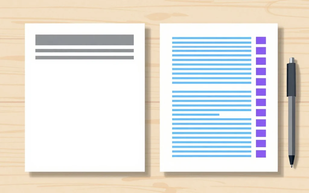 Deux feuilles côte à côte sur un bureau : la première presque vide, la seconde remplie de lignes avec une colonne de prix