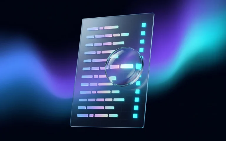 Une feuille de verre couverte de lignes lumineuses, chacune terminée par un petit carré, avec une loupe posée sur l’une d’elles