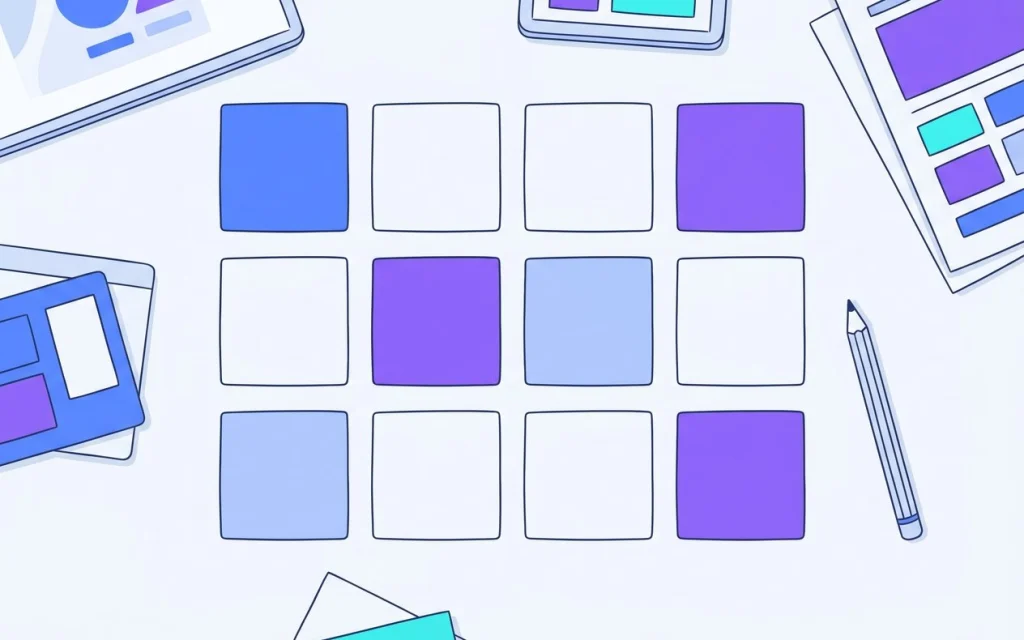 Une grille de douze carrés dont quelques-uns sont colorés en bleu et violet, avec un crayon posé à côté