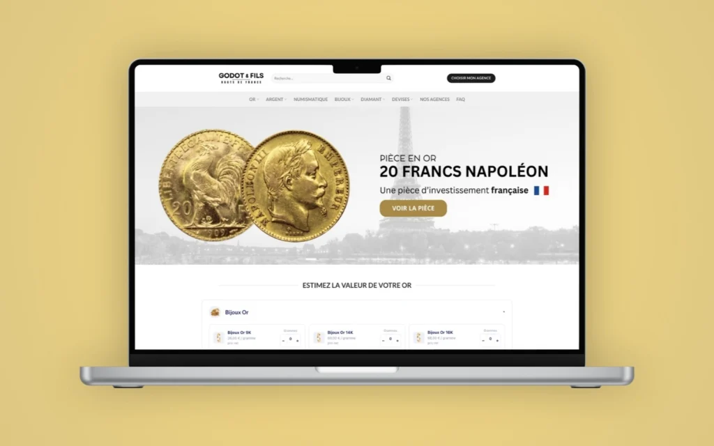 Page d’accueil du site Godot & Fils Lille sur ordinateur portable, avec le simulateur de rachat d’or