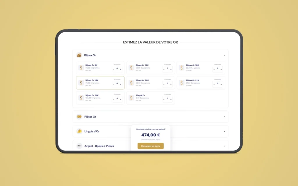 Simulateur de rachat d’or sur tablette : estimation du montant et demande de devis