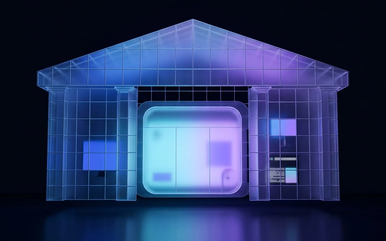 Une façade de verre à colonnes en forme de fronton, avec une vitrine arrondie lumineuse au centre, sur fond sombre