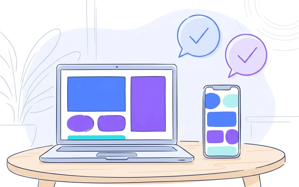 Un ordinateur portable et un smartphone affichant la même mise en page en blocs de couleur, avec deux bulles de validation