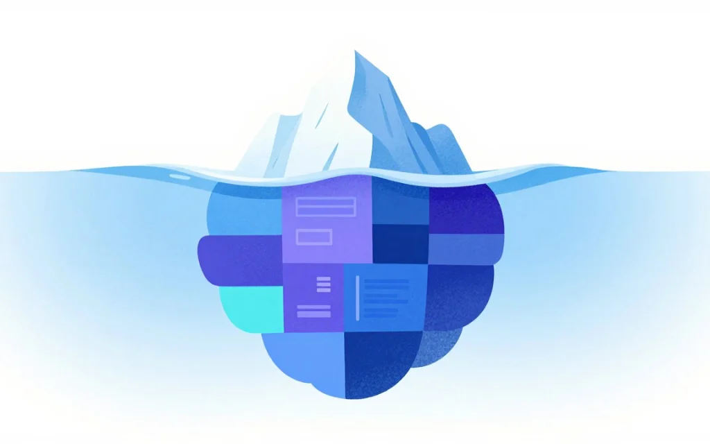 Un iceberg dont la pointe émerge de l’eau et dont la grande masse, faite de blocs colorés, reste immergée