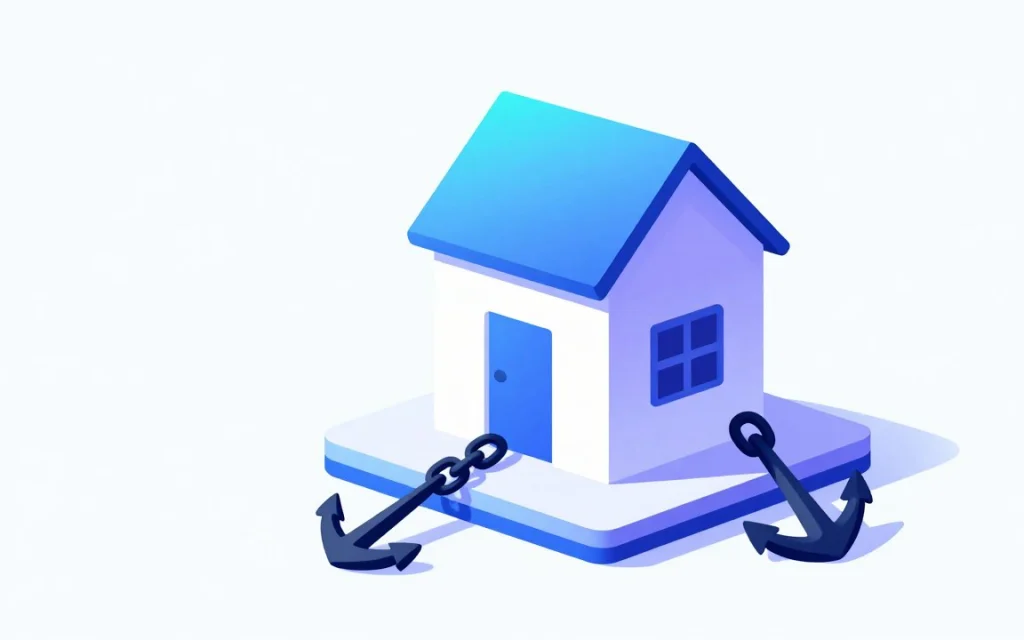 Une petite maison posée sur une plateforme et retenue par des chaînes à deux ancres
