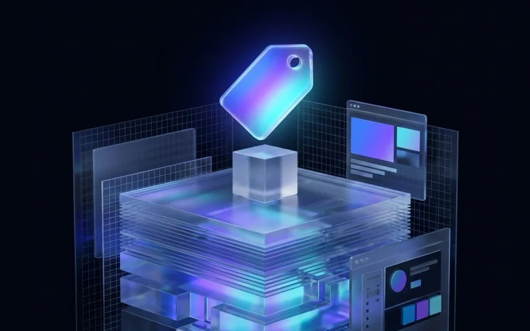 Une étiquette de prix en verre lumineuse posée au-dessus d’un petit cube, lui-même sur un grand empilement de couches translucides