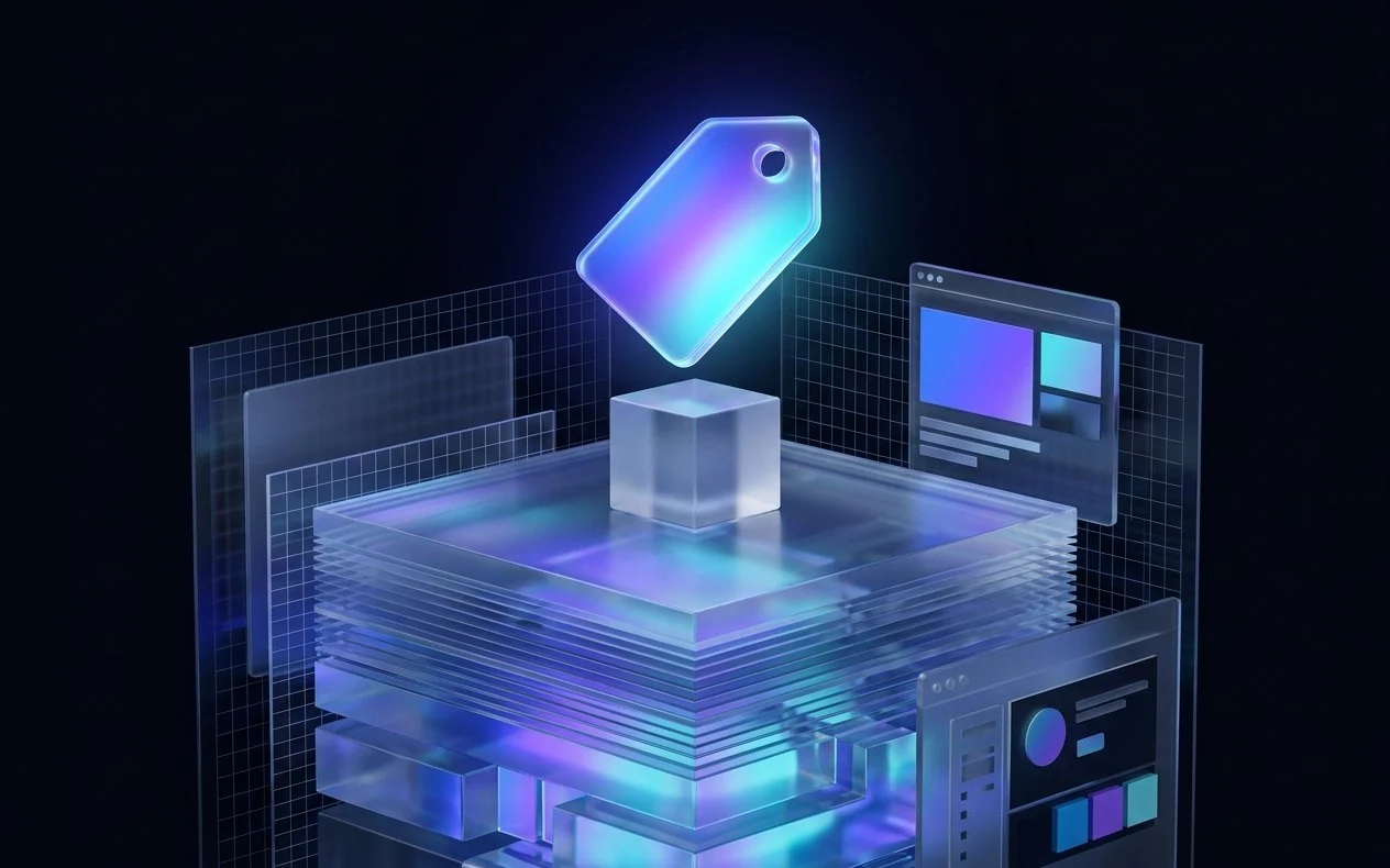 Une étiquette de prix en verre lumineuse posée au-dessus d’un petit cube, lui-même sur un grand empilement de couches translucides
