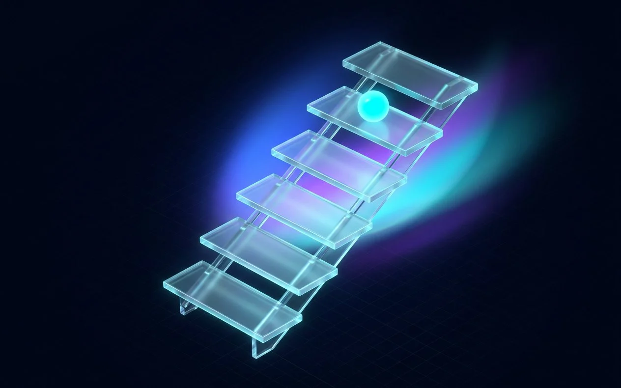 Un escalier de verre lumineux aux marches nettes, avec une petite sphère cyan posée sur l’une des marches hautes