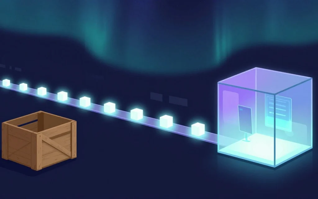 Une file de petits cubes lumineux passe d’une vieille caisse en bois à une boîte en verre neuve