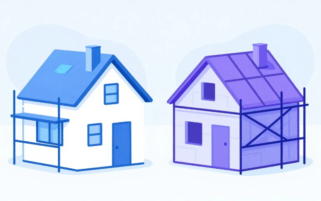 Deux petites maisons : l’une avec un échafaudage sur un seul mur, l’autre entièrement entourée d’échafaudages