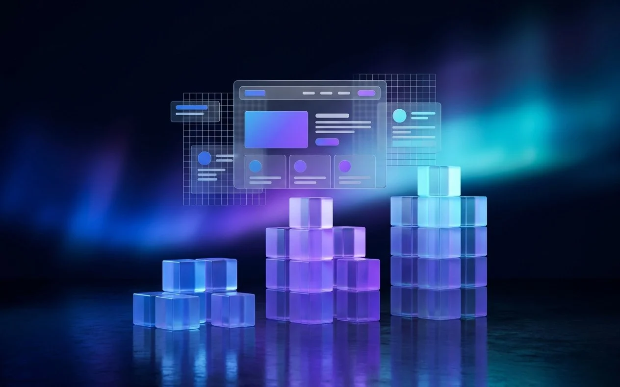 Une maquette de site internet en verre flotte au-dessus de trois piles de cubes de hauteurs croissantes