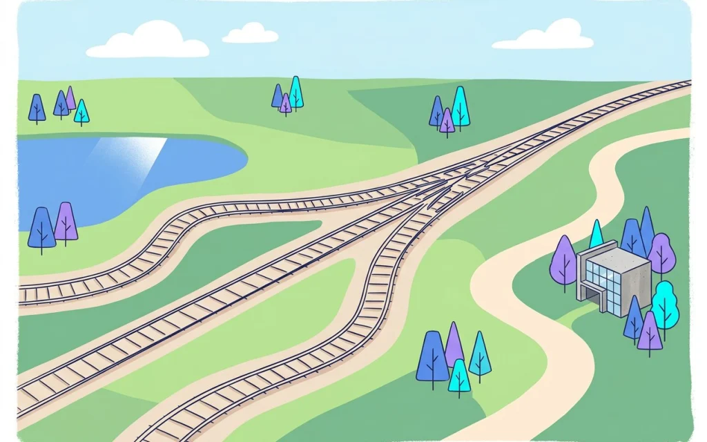Un aiguillage ferroviaire vu du dessus : plusieurs voies venues de la gauche rejoignent les nouvelles voies sans qu’aucune ne s’arrête dans le vide