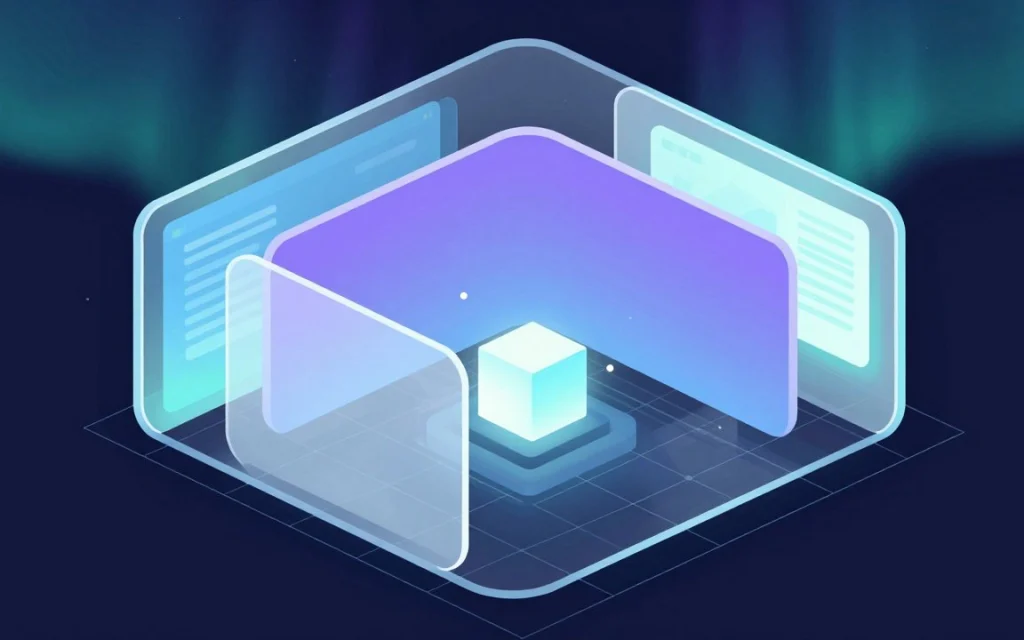Trois parois transparentes emboîtées autour d’un petit cube lumineux, comme des couches de protection successives
