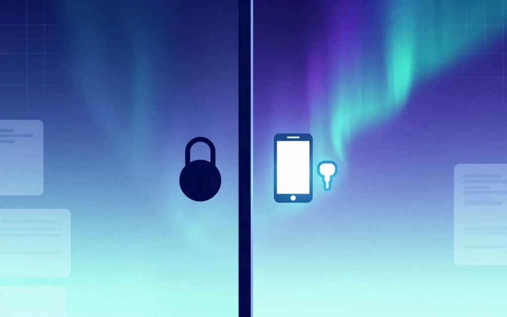 Une porte vitrée fermée par deux verrous distincts : un cadenas d’un côté, un téléphone et une petite clé de l’autre