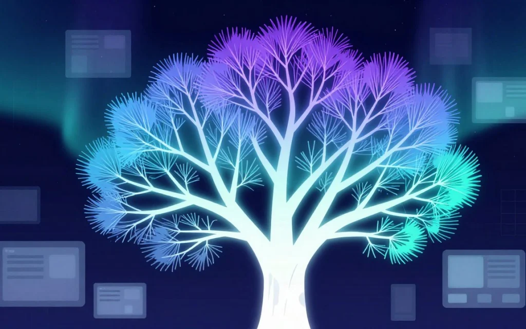 Un arbre de lignes lumineuses dont le tronc se divise en une multitude de branches, sur fond nuit