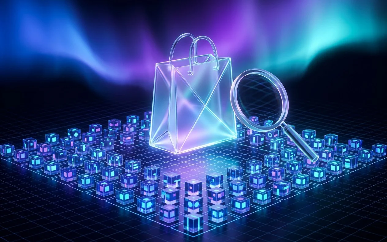 Un sac de courses en verre lumineux et une loupe, au-dessus d’une grille de petits cubes alignés comme un catalogue