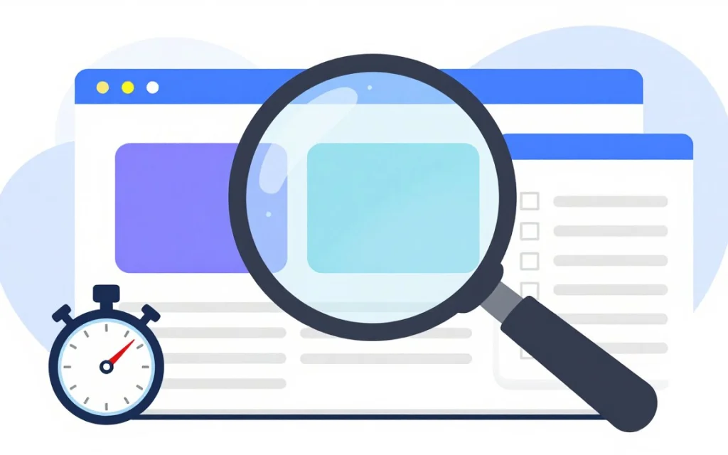 Une grande loupe posée sur une page web schématique, avec un chronomètre et une liste de cases à cocher