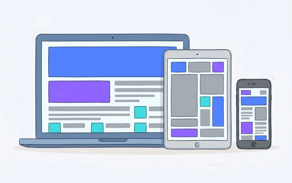 Un ordinateur portable, une tablette et un smartphone côte à côte, avec la même page composée de rectangles colorés réorganisés selon la taille de l’écran
