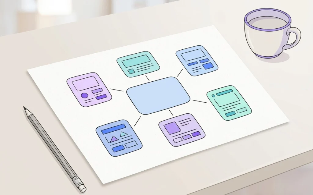 Dessin d’un plan de site sur une feuille : une carte centrale reliée par de fins traits à six cartes de page, à côté d’un crayon et d’une tasse