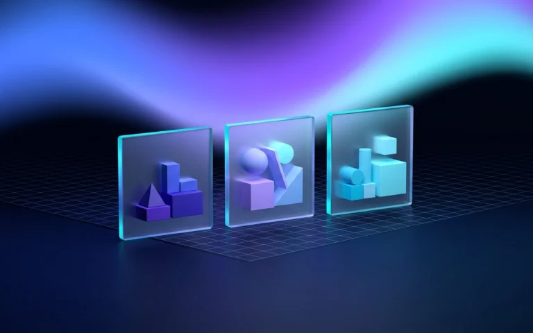 Trois panneaux de verre alignés, chacun portant un assemblage différent de formes géométriques colorées, sur une grille lumineuse