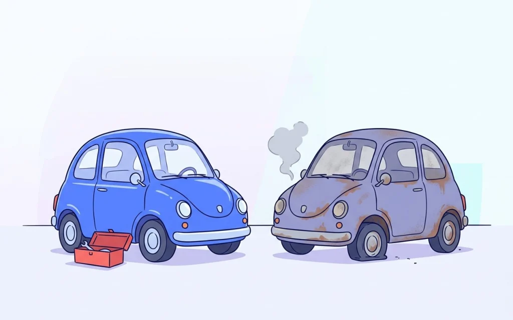 Deux petites voitures identiques : l’une brillante avec une boîte à outils, l’autre rouillée, pneu à plat et fumée sur le capot